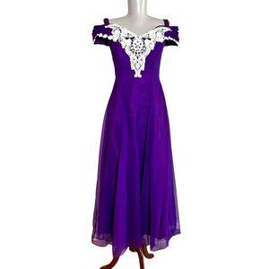 Vtg Purple Chiffon Lace Maxi Dress S Off Shoulder Formal 80s Snags Holes Stains